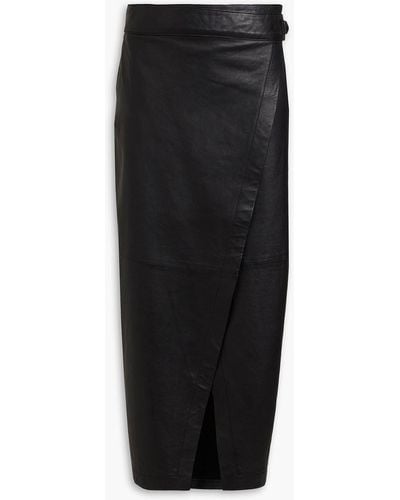Envelope Bolt Leather Midi Wrap Skirt - Black