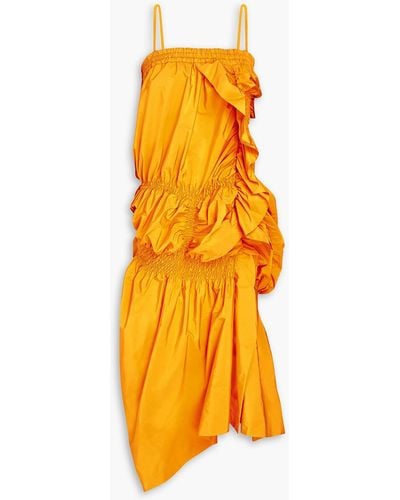 Dries Van Noten Ruffled Shirred Taffeta Midi Dress - Orange