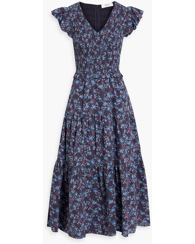 Sea Tilly Shirred Floral-print Cotton-seersucker Midi Dress - Blue