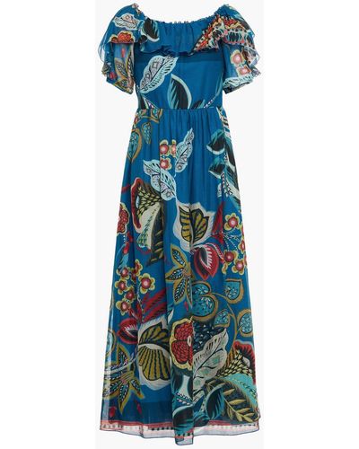 RED Valentino Ruffled Printed Cotton And Silk-blend Jacquard Midi Dress - Blue