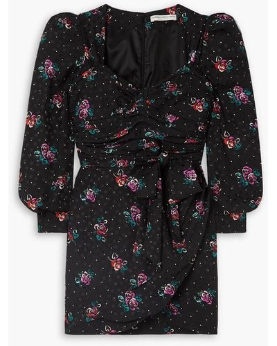 Alessandra Rich Ruched Wrap-effect Floral-print Silk-jacquard Mini Dress - Black