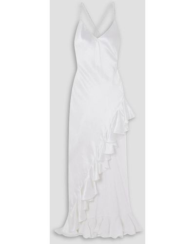 Michael Lo Sordo Asymmetric Open-back Ruffled Crystal-embellished Silk-satin Gown - White