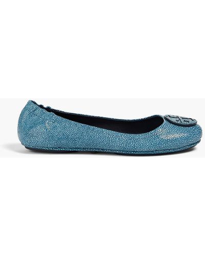 Tory Burch Embellished Stingray-effect Leather Ballet Flats - Blue