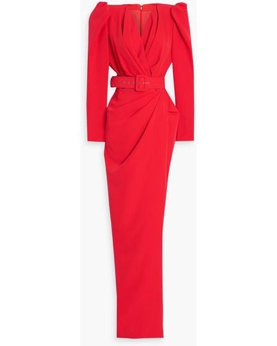 Rhea Costa Wrap-effect Belted Crepe Maxi Dress - Red