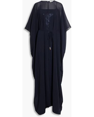 Halston Aj Layered Chiffon And Sequined Mesh Jumpsuit - Blue
