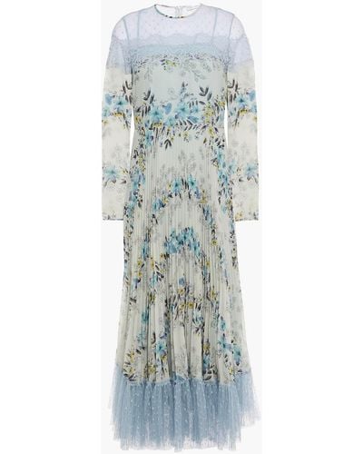 RED Valentino Pleated Floral-print Georgette, Lace And Point D'esprit Midi Dress - Blue