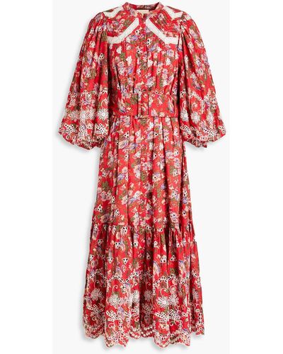 byTiMo Belted Floral-print Broderie Anglaise Cotton Midi Dress - Red