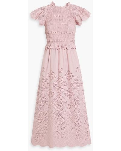 Sea Vienne Cutout Shirred Broderie Anglaise Cotton Midi Dress - Pink