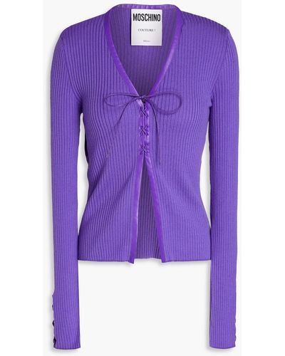 Moschino Leather-trimmed Ribbed Wool Cardigan - Purple