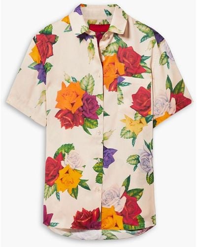 Commission Banker hemd aus glänzendem twill mit floralem print - Natur