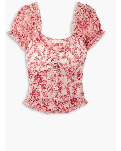 LoveShackFancy Bryant Off-the-shoulder Ruffled Floral-print Silk-crepon Top - Pink