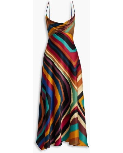 Roberto Cavalli Asymmetric Printed Silk-blend Satin Maxi Slip Dress - Red