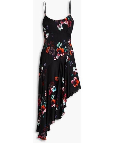 Nicholas Anneli Asymmetric Floral-print Sateen Dress - Black