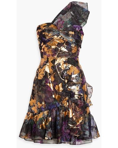 Marchesa One-shoulder Ruched Floral-print Mini Dress - Metallic