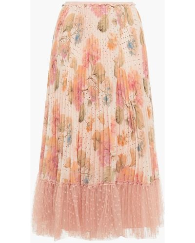 RED Valentino Pleated Floral-print Georgette And Point D'espirit Midi Skirt - Pink