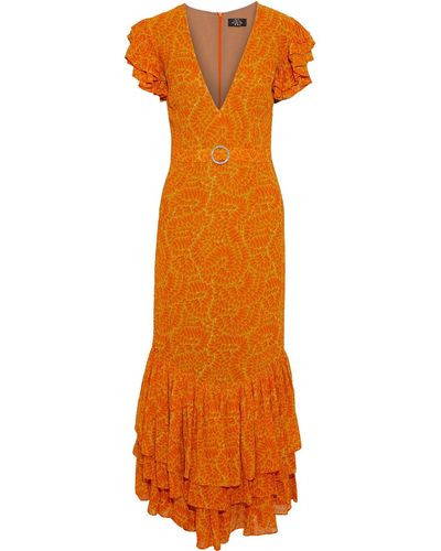 De La Vali Apolonia Ruffled Crystal-embellished Printed Georgette Maxi Dress - Orange