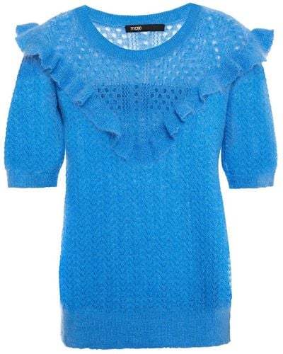Maje Ruffled Pointelle-knit Top - Blue