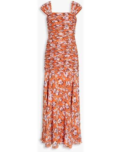 Mikael Aghal Ruched Floral-print Chiffon Maxi Dress - Red
