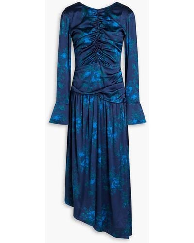 Ganni Ruched Floral-print Stretch-silk Satin Midi Dress - Blue