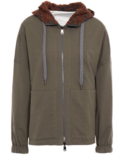 Brunello Cucinelli Embellished Shell And Cotton-blend Jersey Hoodie - Brown
