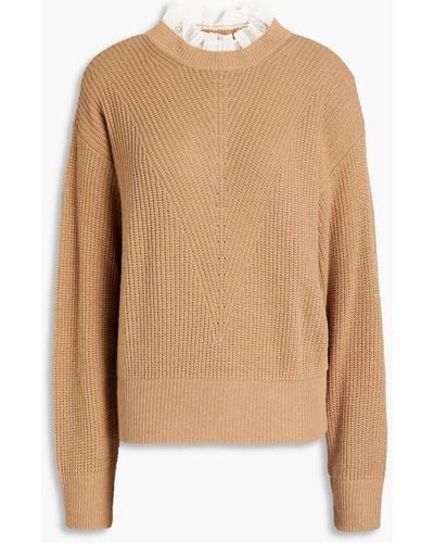 RED Valentino Point D'esprit-trimmed Ribbed-knit Sweater - Natural