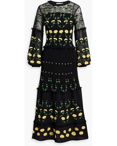 Valentino Garavani Embroidered Lace-paneled Crocheted Cotton-blend Maxi Dress - Black
