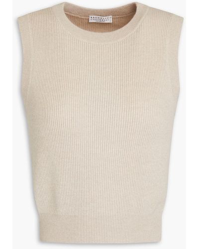Brunello Cucinelli Cropped Bead-embellished Ribbed Cashmere Top - Natural