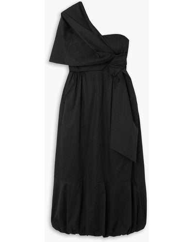 Tibi One-shoulder Draped Cotton-poplin Midi Dress - Black