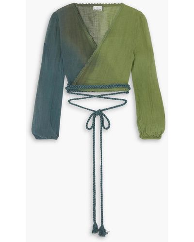 Miguelina Shanara Cropped Tie-dyed Cotton-gauze Wrap Top - Green