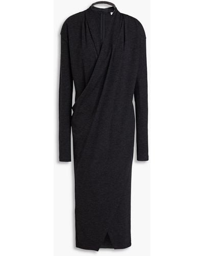 Brunello Cucinelli Wrap-effect Bead-embellished Wool-blend Jersey Midi Dress - Black
