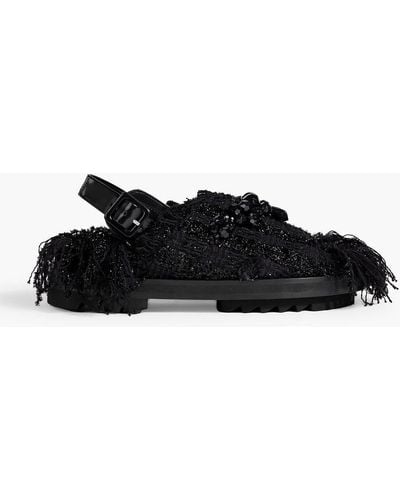 Simone Rocha Low Trek Heart Embellished Frayed Tweed Slingback Sandals - Black