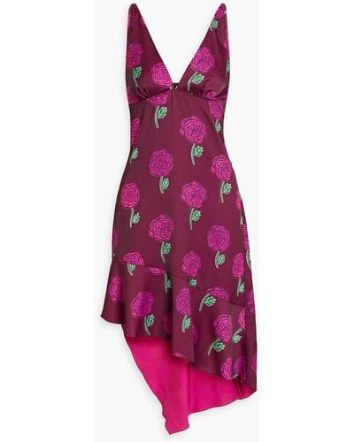 Versace Asymmetric Floral-print Satin-crepe Dress - Purple