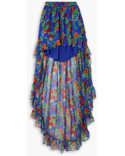 Caroline Constas Della Asymmetric Ruffled Floral-print Silk-chiffon Maxi Skirt - Blue