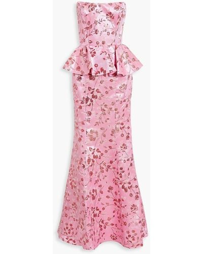 Marchesa Strapless Metallic Brocade Peplum Gown - Pink