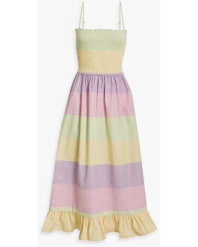 Olivia Rubin Shirred Striped Twill Midi Dress - Pink