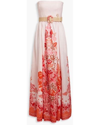 Zimmermann Strapless Belted Printed Linen Maxi Dress - Red