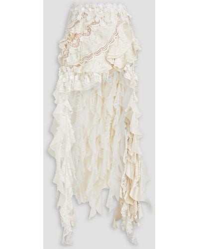 Zimmermann Asymmetric Ruffled Cotton-blend Lace, Shantung And Organza Maxi Skirt - White