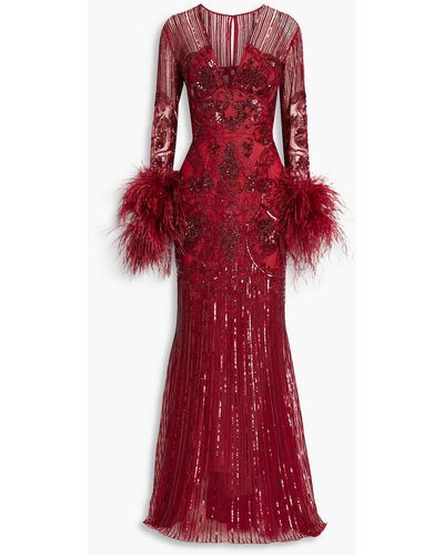 Zuhair Murad Feather-trimmed Embellished Tulle Gown - Red