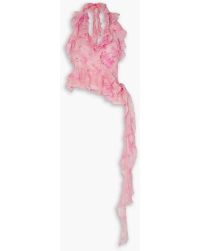 Alessandra Rich Ruffled Crystal-embellished Printed Silk-georgette Halterneck Top - Pink