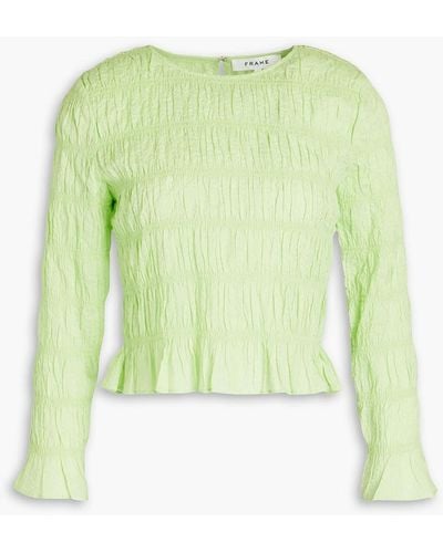 FRAME Shirred Cotton-cloquè Top - Green
