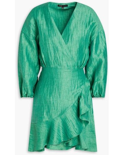 Maje Crinkled Linen-blend Mini Wrap Dress - Green