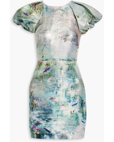 ML Monique Lhuillier Pleated Metallic Jacquard Mini Dress - Blue