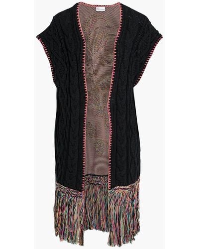 RED Valentino Fringed Intarsia Knit-paneled Cable-knit Cotton Cardigan - Black