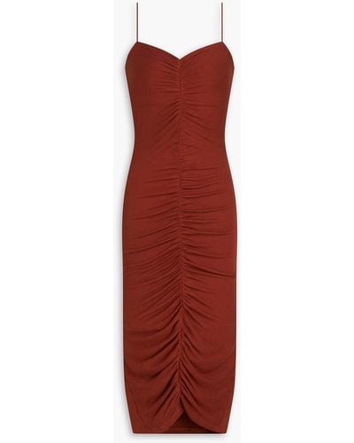 Enza Costa Ruched Ribbed Jersey Midi Dress - Red