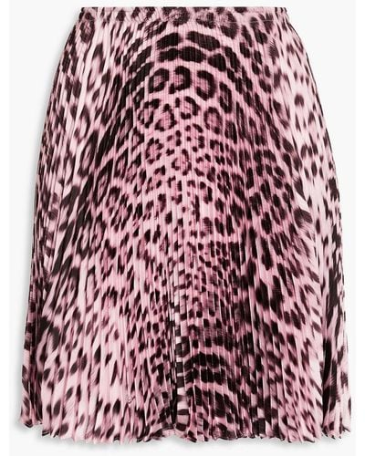Roberto Cavalli Pleated Leopard-print Satin-twill Mini Skirt - Red