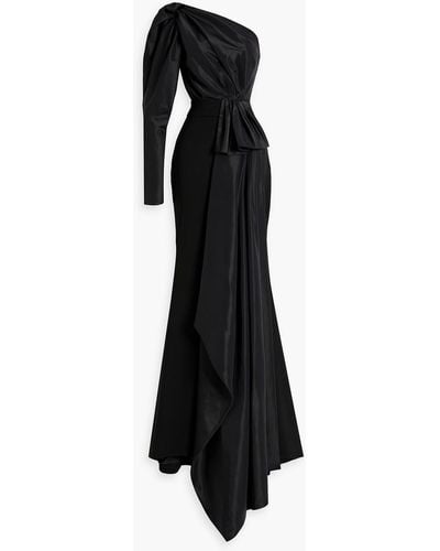 Rhea Costa One-sleeve Draped Satin And Crepe Gown - Black