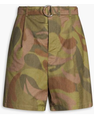Marni Belted Printed Cotton-blend Canvas Shorts - Green
