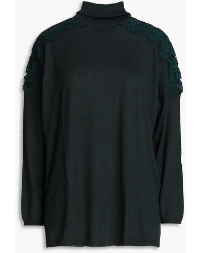 Valentino Garavani Lace-trimmed Wool, Silk And Cashmere-blend Turtleneck Jumper - Black