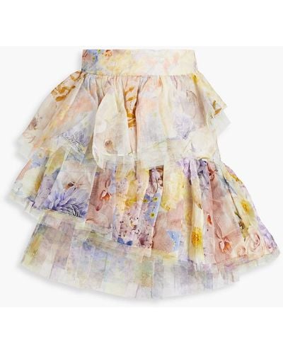Zimmermann Ruffled Floral-print Silk And Linen-blend Gauze Mini Skirt - White