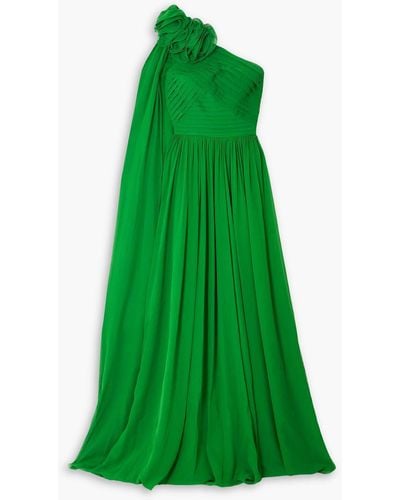 Elie Saab One-shoulder Pleated Silk-georgette Gown - Green